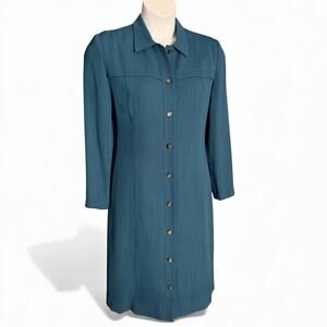 Vintage 80s Henry Lee Button Front Shirtdress Size 14 Teal Career Lined Midi USA